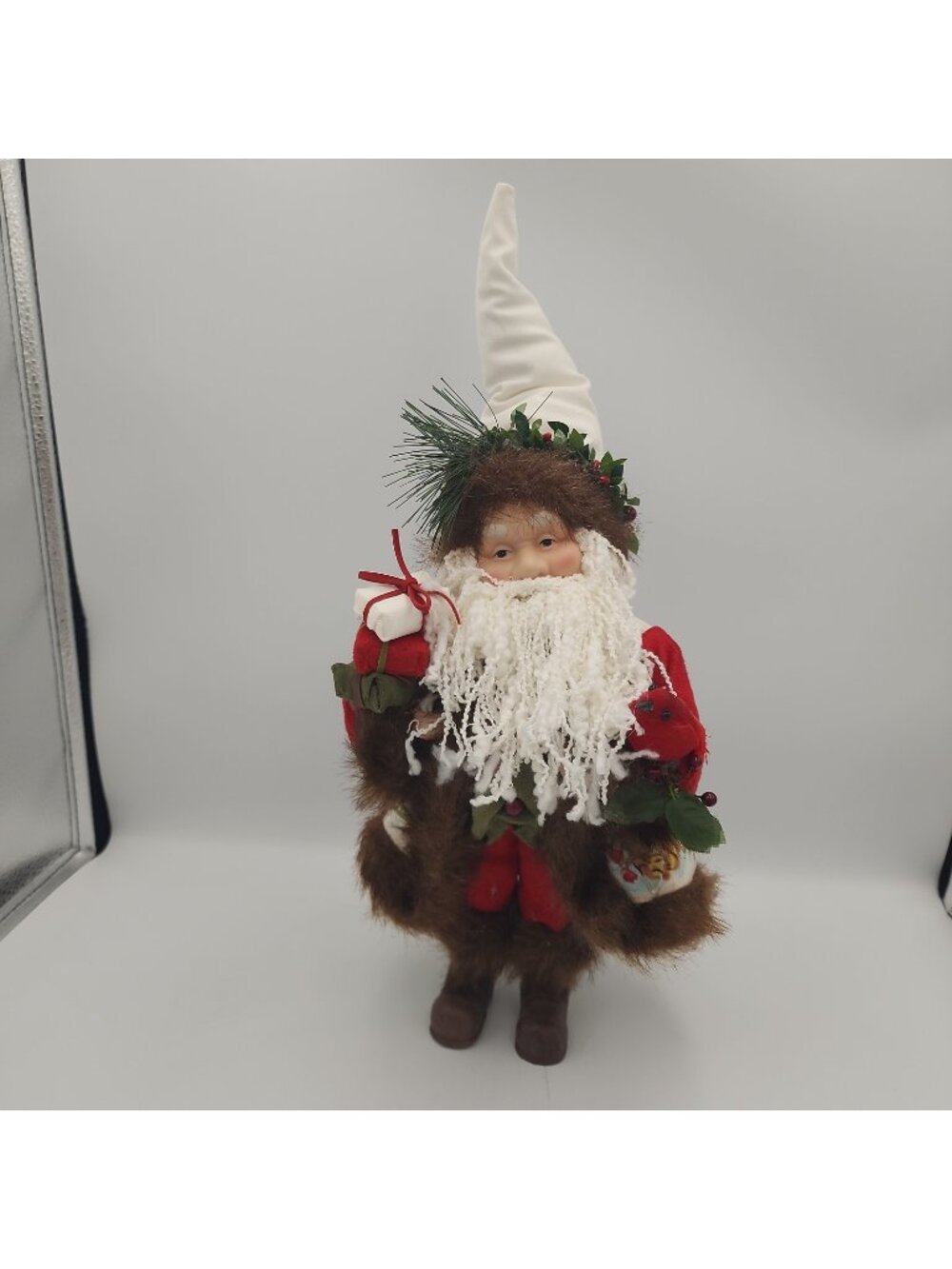 Old World Santa Claus in Long Robe 17" tall Faux fur w/gifts Christmas Cardinal